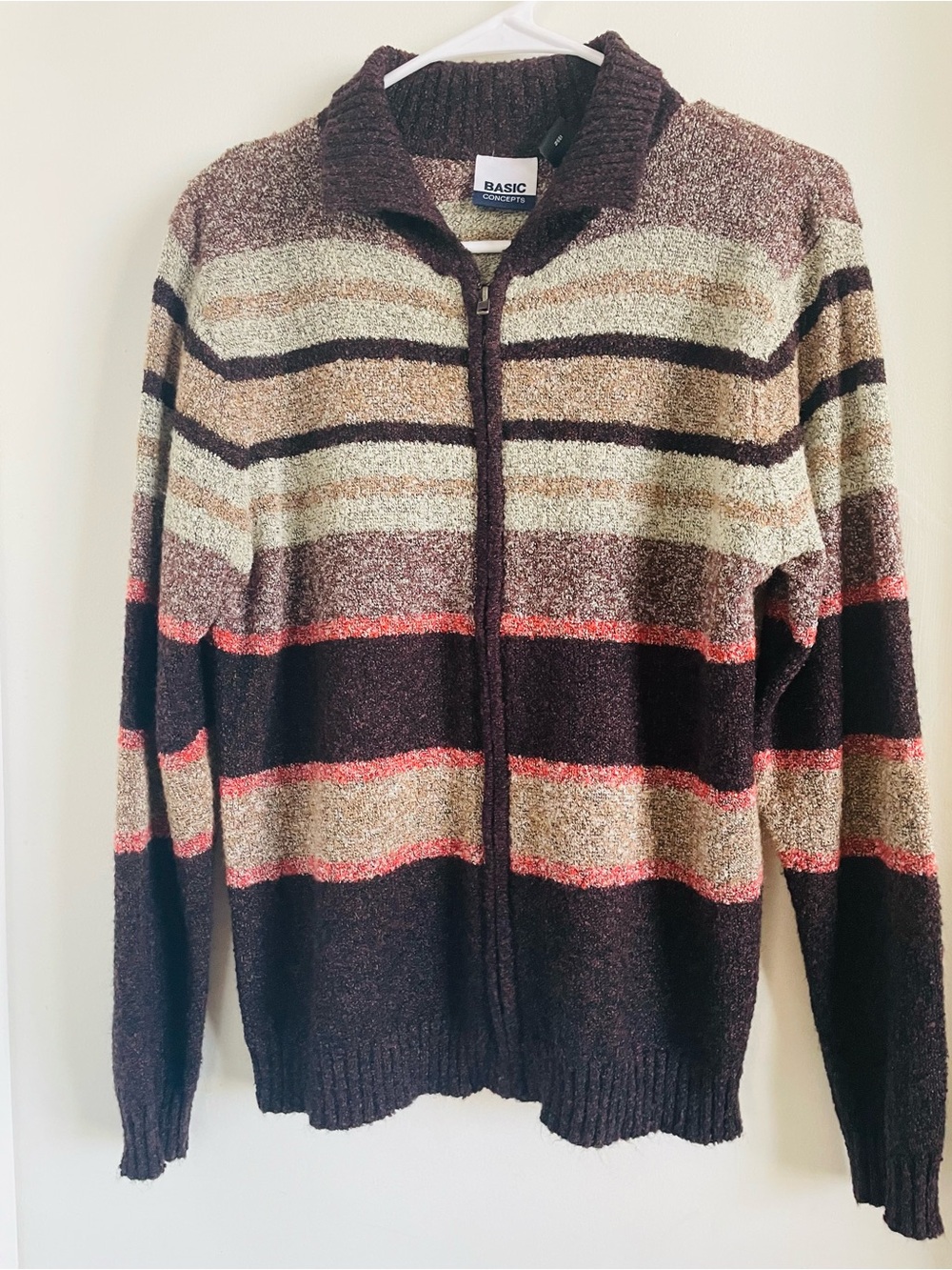 IC COLLECTION Men’s Zip-Up Sweater in Brown, Cream & Red-Striped